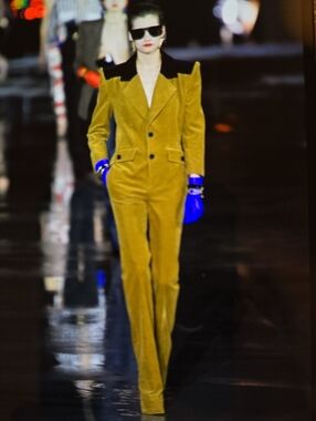 Yves Saint Laurent Mustard Velvet Tailored Jumpsuit with Black Collar